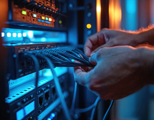Computer technician connects network cables in server room. Man works with server equipment, fixes c.jpg
