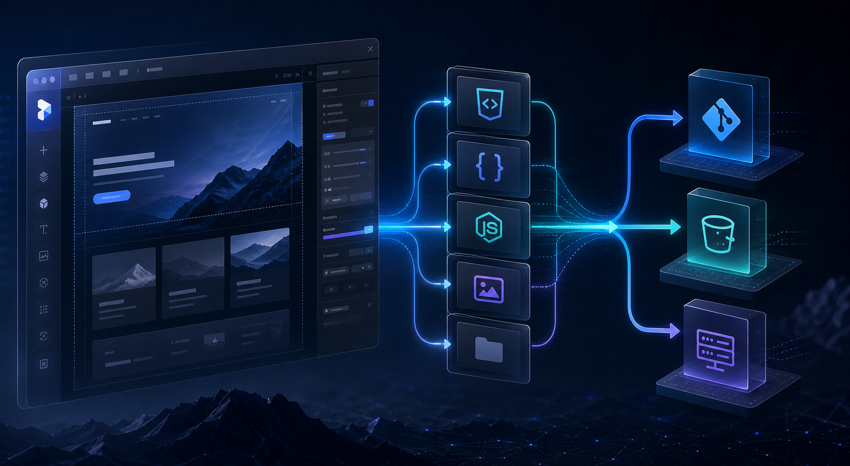 Framer export pipeline flowing into Git, S3, and FTP