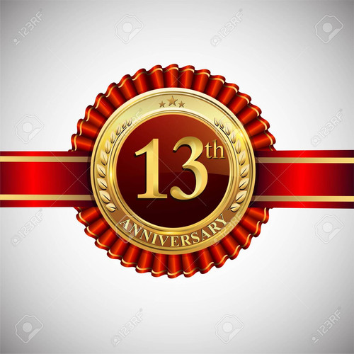 Celebrating 13th anniversary logo, with golden badge and red ribbon isolated on white background..jpg