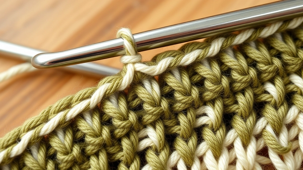 A close-up of a crochet hook inserting into the front loops of two stitches to create an invisible decrease.