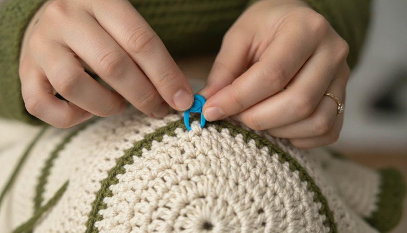 A colorful plastic stitch marker securing the first stitch of a circular cream crochet round.