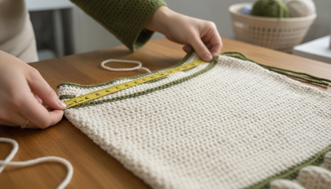 A flexible measuring tape checking the waist width of a cream-colored crochet skirt waistband.