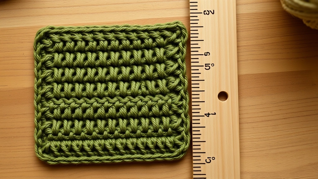 A small square crochet gauge swatch in olive green cotton yarn being measured with a wooden ruler.