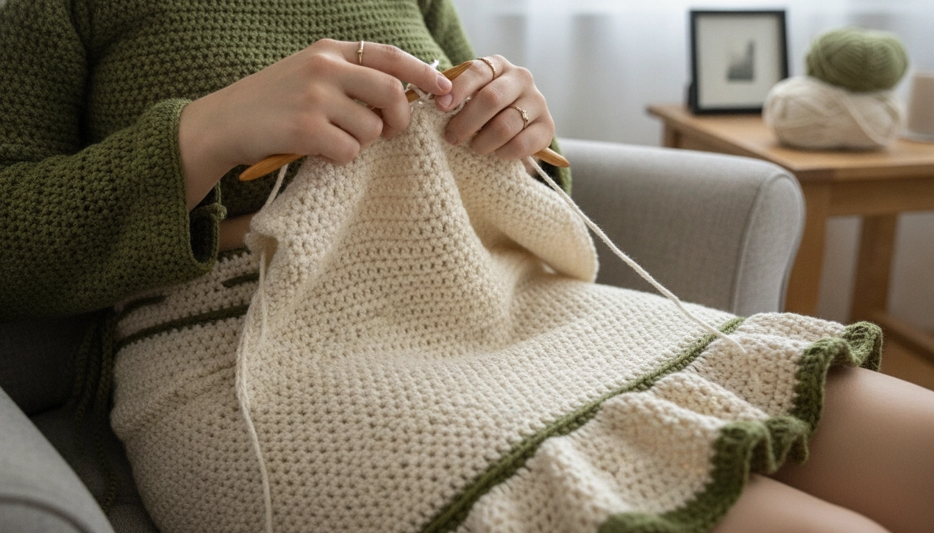A cream-colored crochet skirt body being worked in the round to create a seamless hip fit.