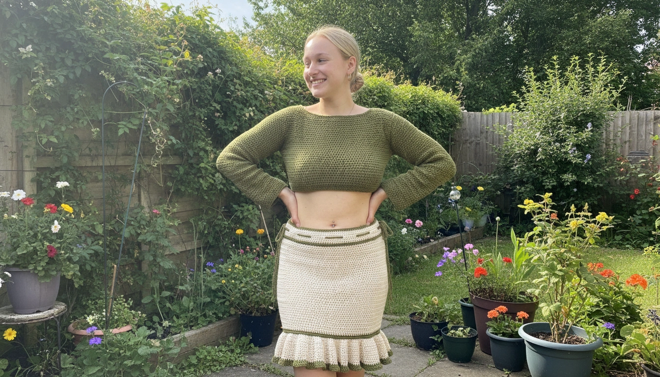 A woman wearing the completed handmade olive crop top and cream ruffle skirt set, posing outdoors in natural sunlight.
