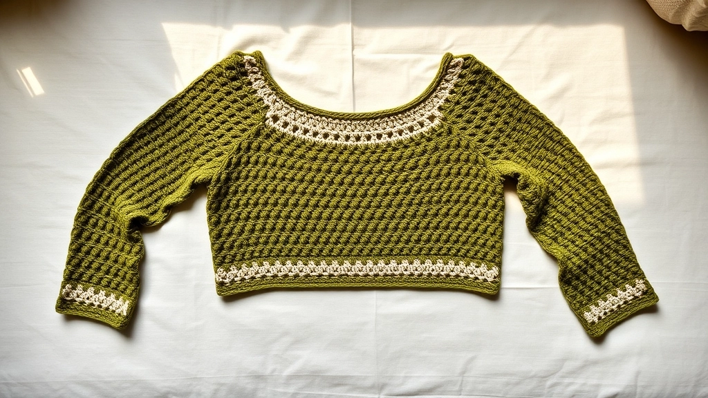Completed olive green crochet crop top front and back panels laid flat before seaming.