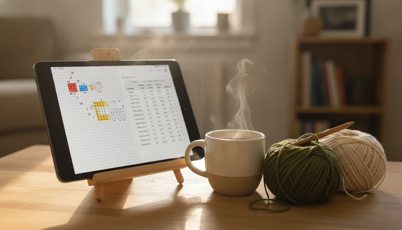 A tablet displaying crochet stitch diagrams next to yarn skeins on a cozy workspace desk.
