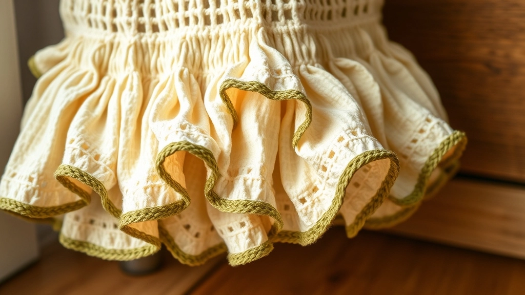 Close-up of deep, organic folds of a cream crochet ruffle hem finished with an olive green contrast border.
