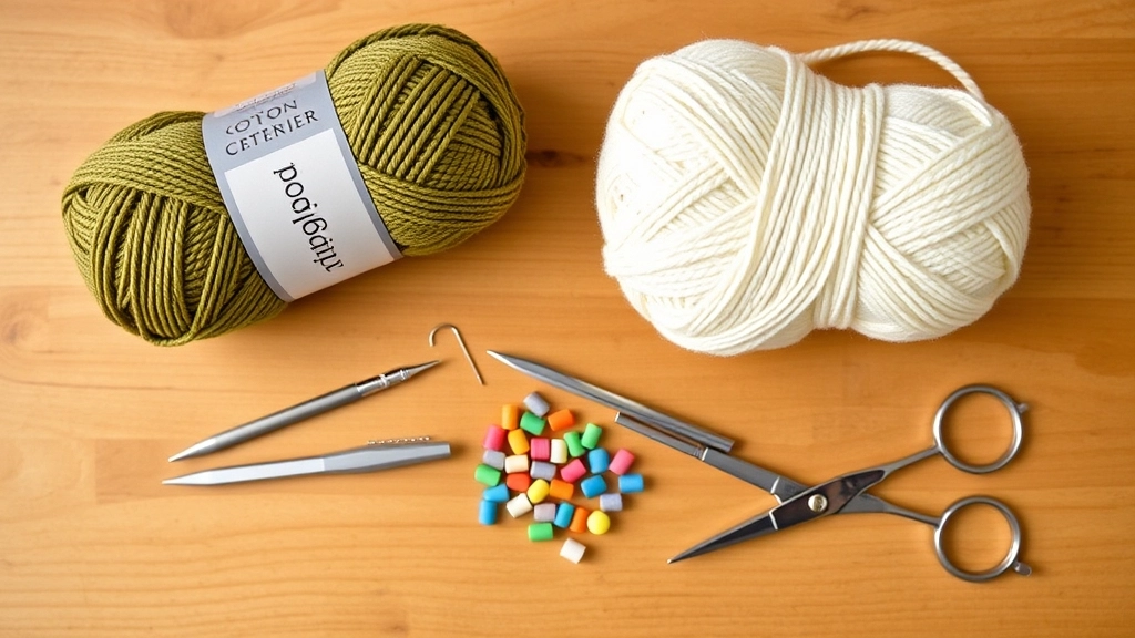A flat lay of crochet supplies including olive and cream yarn, ergonomic hooks, stitch markers, and a tapestry needle.