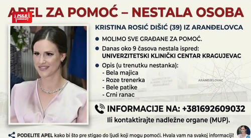 APEL ZA POMOĆ: Nestala Kristina Rosić Dišić (39) ispred UKC Kragujevac
