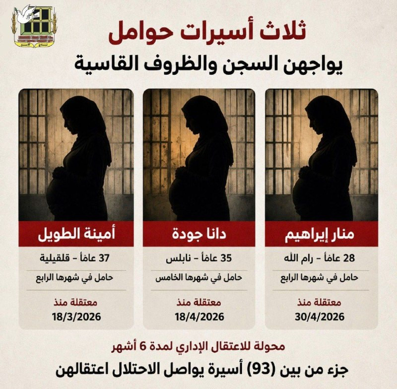 3 أسيرات حوامل يواجهن ظروف احتجاز صعبة ومأساوية داخل سجن "الدامون":

 الأسيرة أمينة شاهر الطويل (37 عاماً) من قلقيلية، حامل في شهرها الرابع، وهي أم لأ...