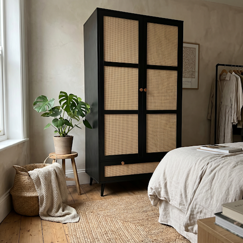 2 door wardrobe in black rattan with full-width drawer.png