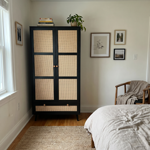 2 door wardrobe with drawer in black finish and cane mesh.png