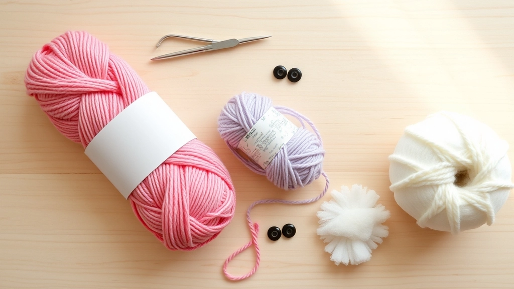 Materials needed for the Free Angel Stitch Amigurumi Crochet Pattern, including pink and lavender cotton yarn, a crochet hook, and safety eyes.