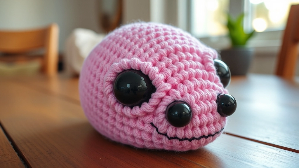 The completed and stuffed head of a pink alien crochet toy made using the Free Angel Stitch Amigurumi Crochet Pattern.