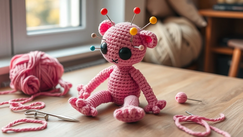A pink crochet alien plush with its head, ears, and limbs pinned in place with sewing pins, demonstrating assembly for the Free Angel Stitch Amigurumi Crochet Pattern.