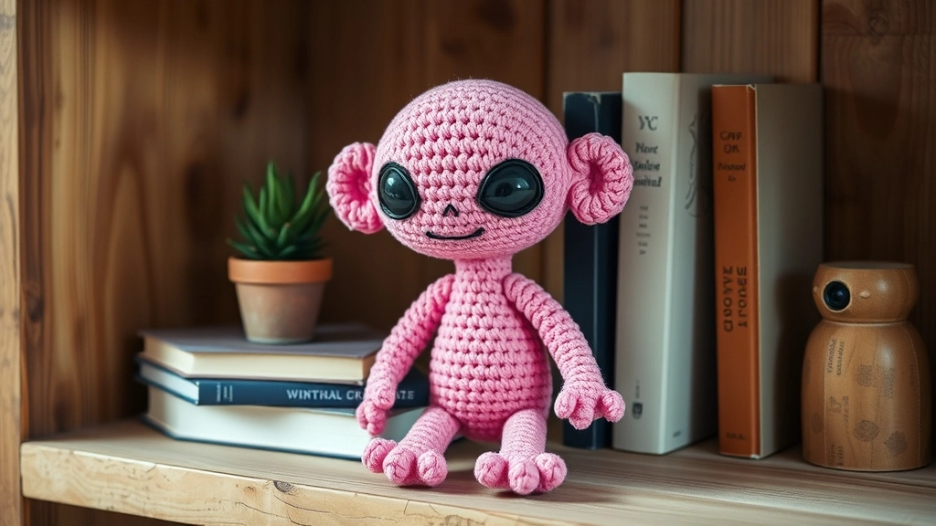 A completed, high-end pink crochet alien plush sitting on a shelf, showing off the Free Angel Stitch Amigurumi Crochet Pattern.