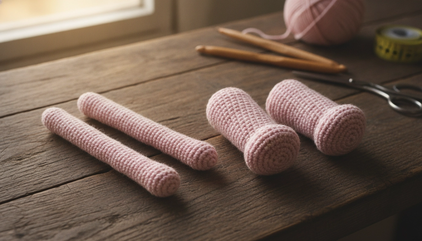 Small pink crocheted limbs, including arms and legs, prepared for assembly for the Free Angel Stitch Amigurumi Crochet Pattern.
