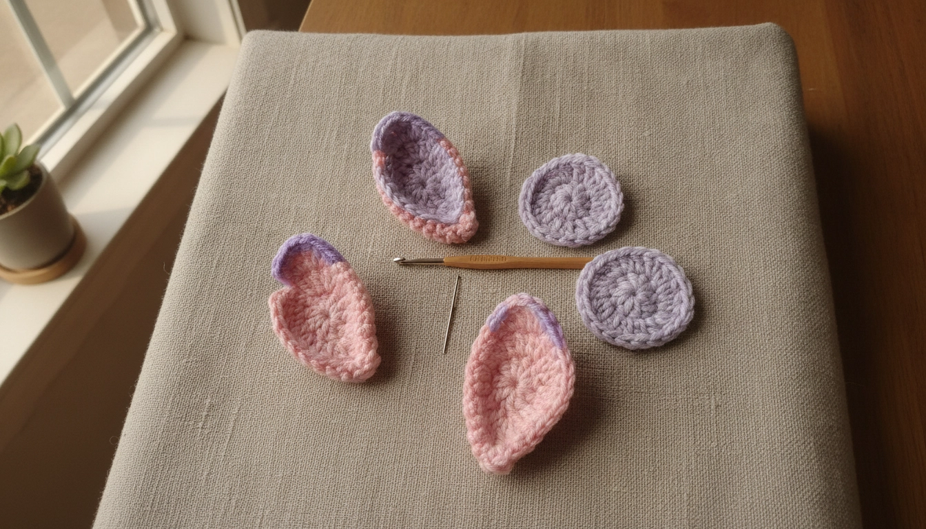 Pink and lavender crocheted ear pieces laid flat, showcasing the components of the Free Angel Stitch Amigurumi Crochet Pattern.