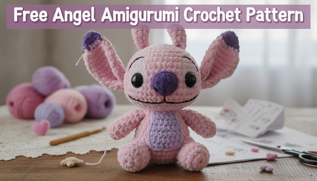 A handmade pink alien plush sitting on a wooden table, showcasing the completed Free Angel Stitch Amigurumi Crochet Pattern.