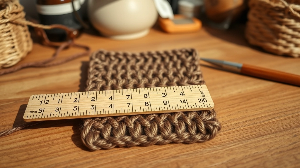 A close-up of a dense crochet gauge swatch in brown wool next to a measuring tape.