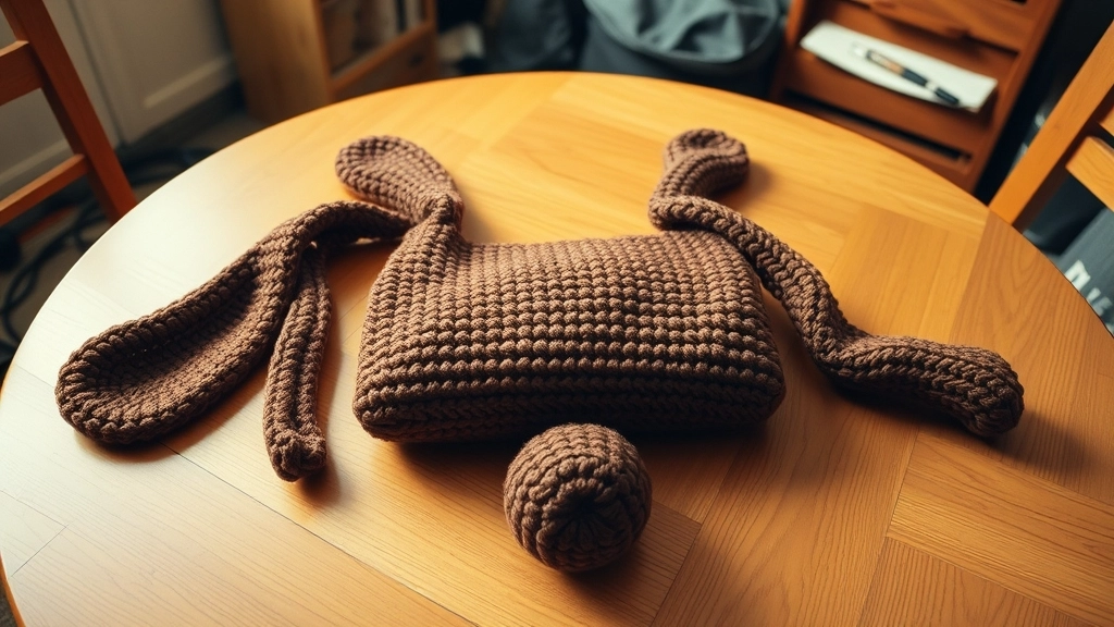 The crocheted components of the puppy tote bag, including the main body, two ears, and snout, laid out on a table.