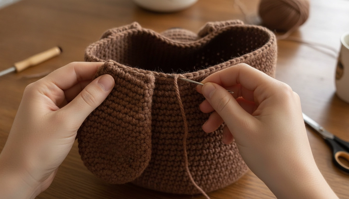 Hands using a tapestry needle to sew a floppy crocheted ear onto the top edge of the puppy bag.