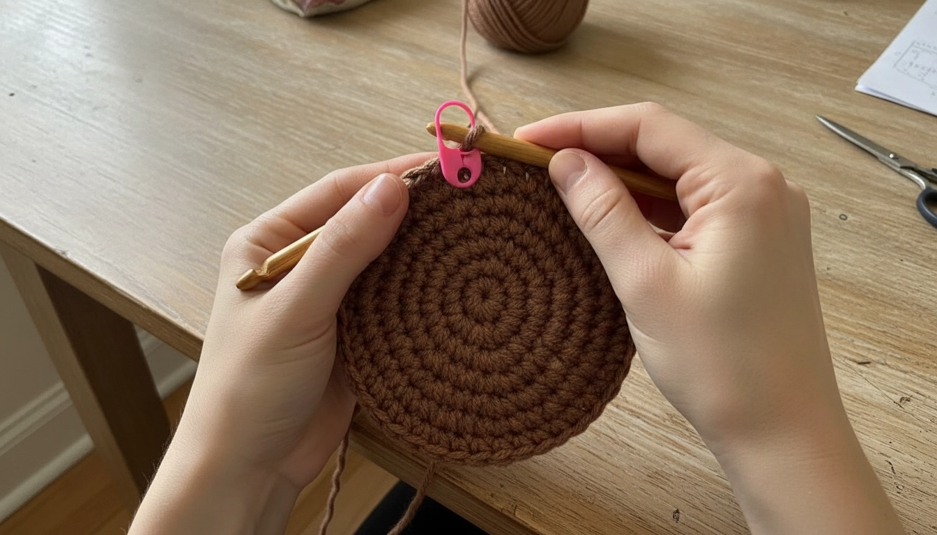 A close-up of a crochet project worked in continuous spiral rounds with a plastic stitch marker.