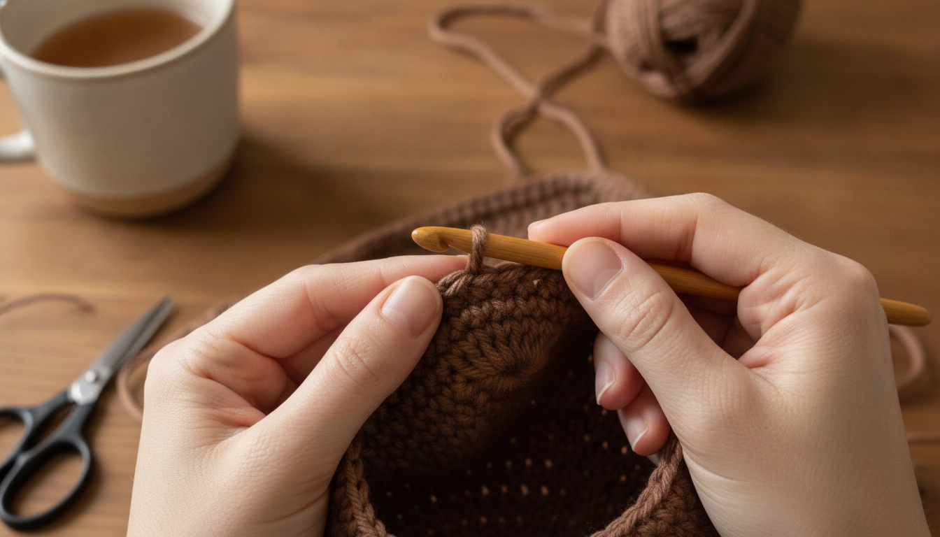 Hands demonstrating an invisible decrease stitch using thick brown wool yarn.