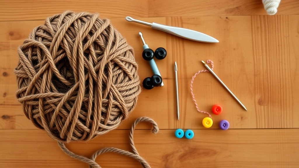 A flat lay of thick brown wool yarn, a 6.0 mm crochet hook, safety eyes, and stitch markers.