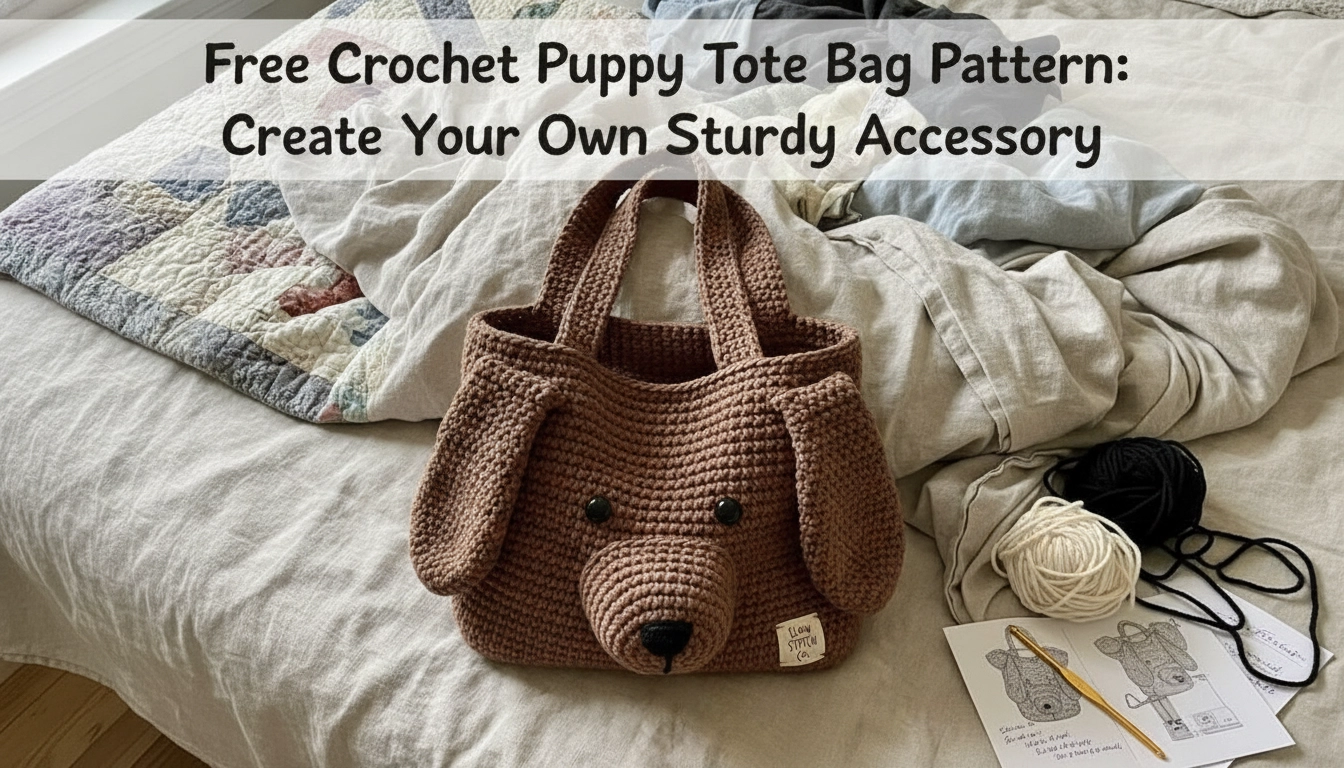 A handmade brown wool tote bag shaped like a dog face, showcasing the Free Crochet Puppy Tote Bag Pattern with floppy ears and a cute snout.