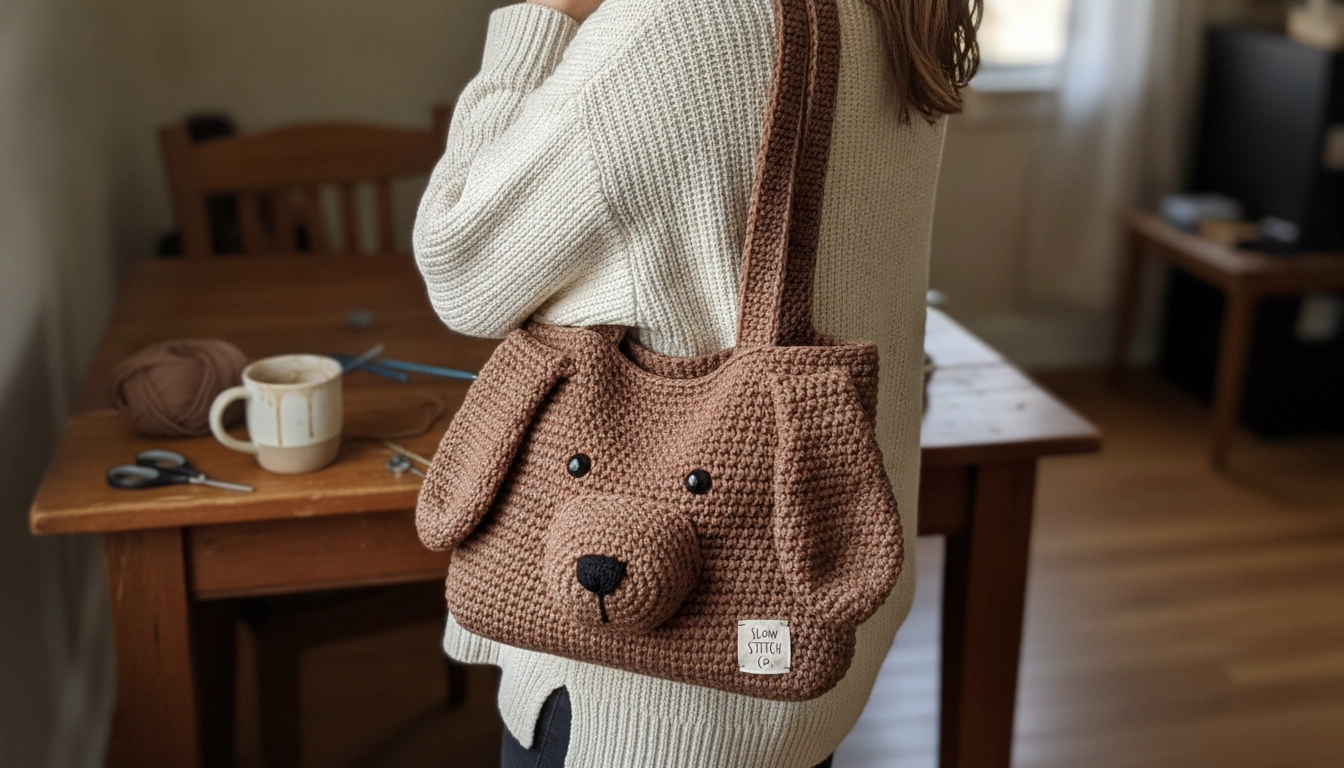 A person wearing the completed crochet puppy tote bag over their shoulder while walking outside.