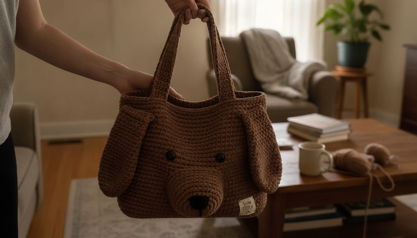 A person carrying the completed crochet puppy tote bag to show its slouchy weight and physical scale.
