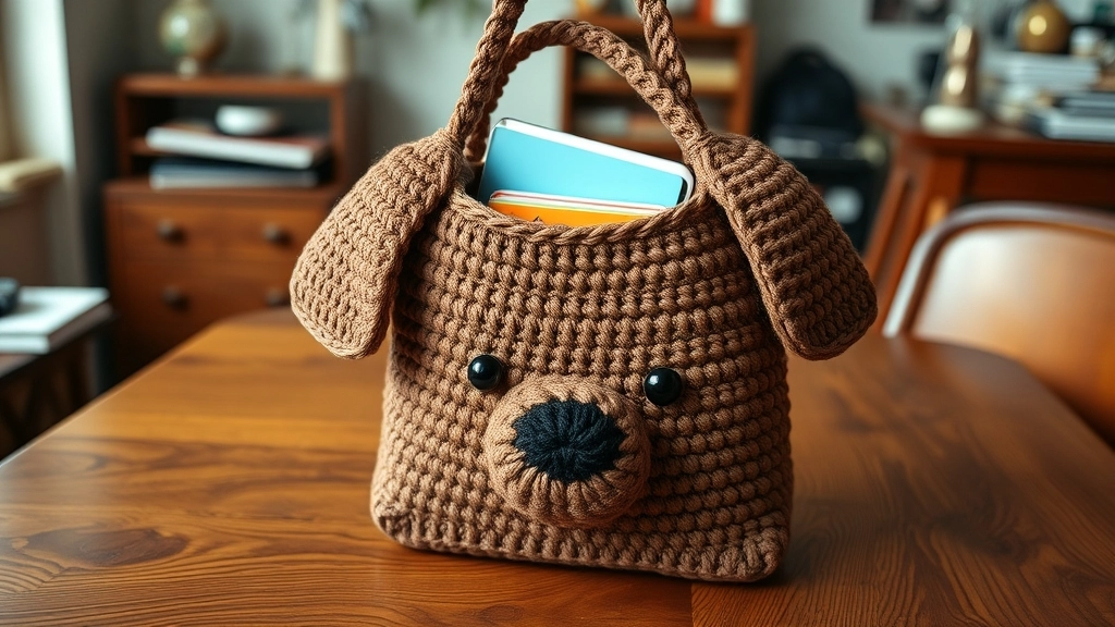 A structured crochet puppy tote bag standing upright on a table, holding a small notebook and a phone without sagging.
