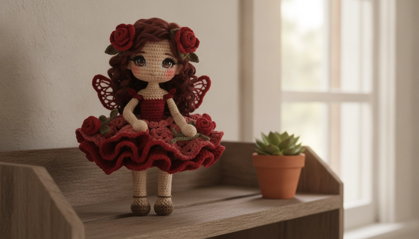 A completed crochet rose girl doll standing on a rustic wooden shelf.