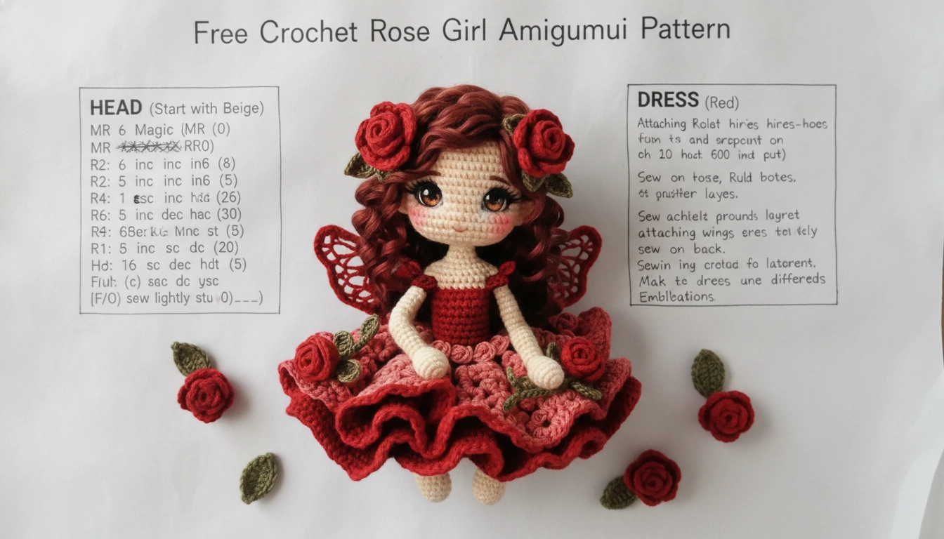A charming completed doll made from the Free Crochet Rose Girl Amigurumi Pattern, sitting on a wooden table.