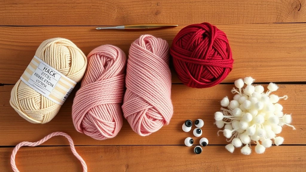 A collection of crochet supplies including pink and red yarn, safety eyes, and a steel crochet hook.