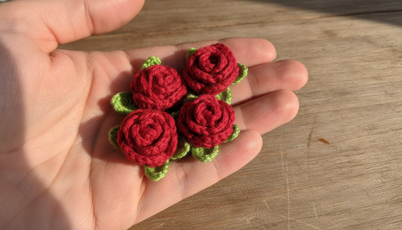 Small, rolled red crochet roses with tiny green leaves.