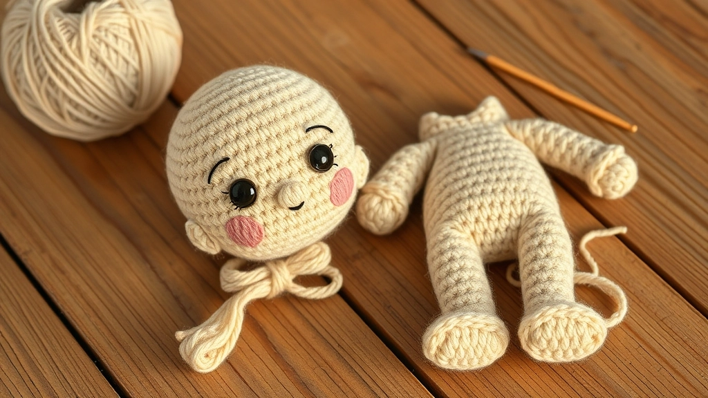 Unassembled crocheted doll head with safety eyes and matching beige body.
