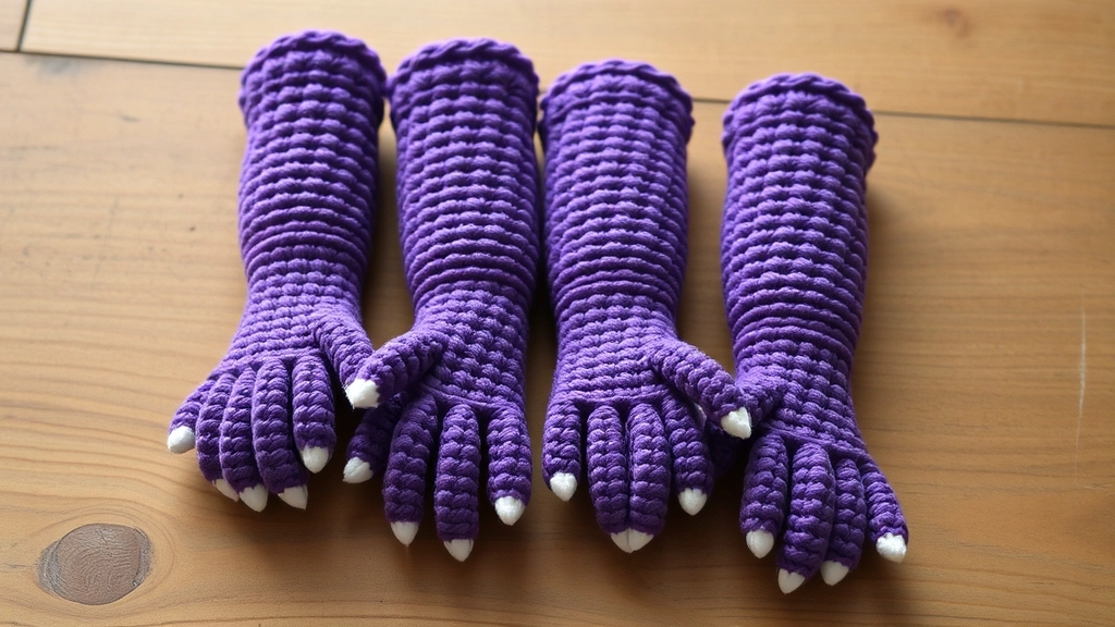 Four firmly stuffed purple crochet legs with tiny white claw details.