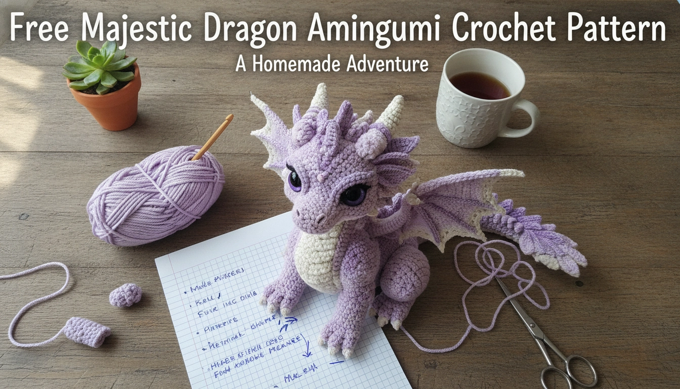A charming completed purple crochet dragon plushie standing on a rustic wooden table, made using the Free Majestic Dragon Amigurumi Crochet Pattern.