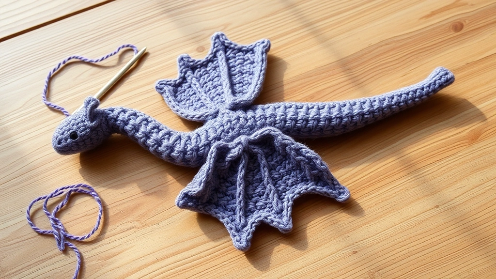 The main body of the purple crochet dragon with ribbed wings and tail attached.