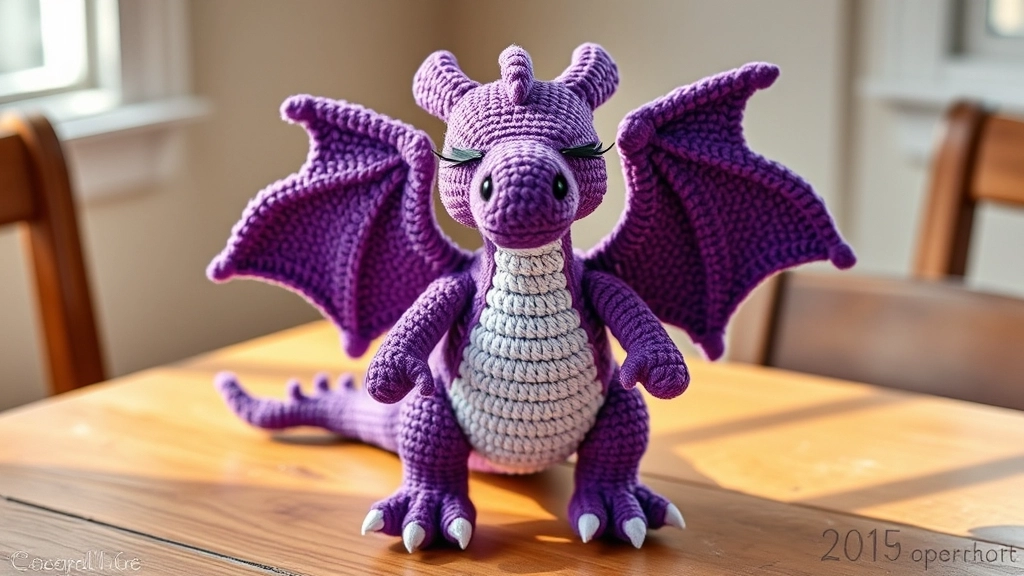 A finished purple amigurumi crochet dragon standing proudly on a desk.