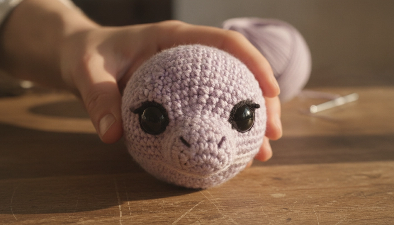 A partially completed purple crochet dragon head with safety eyes attached.