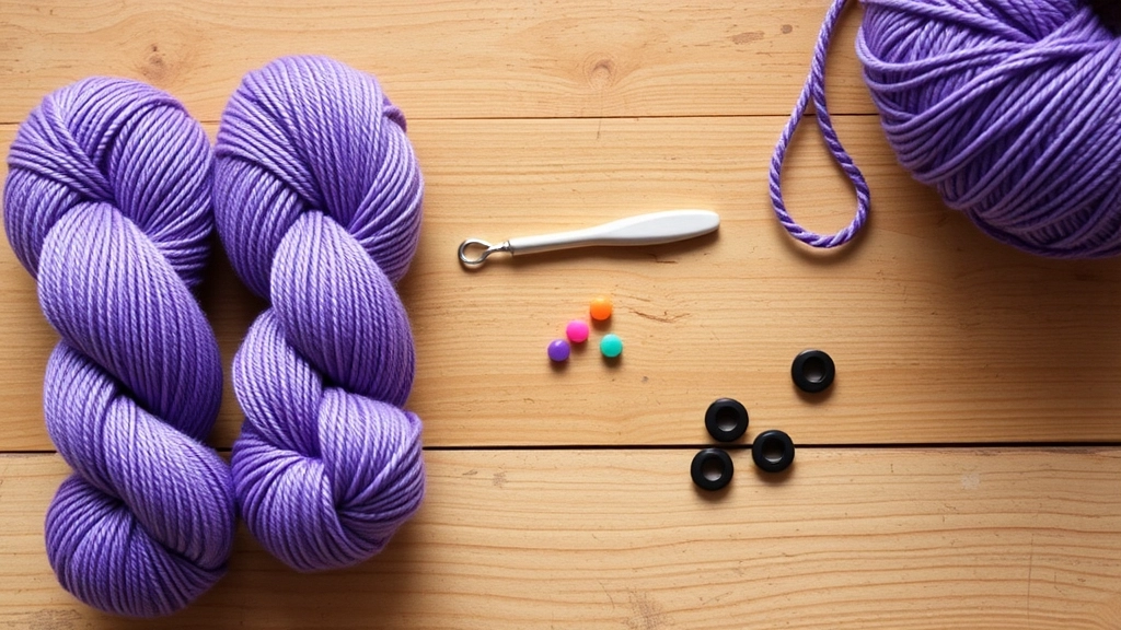 Purple mercerized cotton yarn, a 2.5mm crochet hook, and plastic safety eyes laid out on a table.