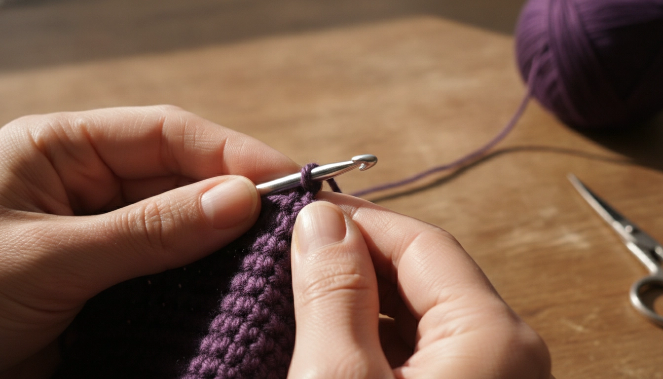 Close-up of tight, neat cotton crochet stitches showing perfect tension control.