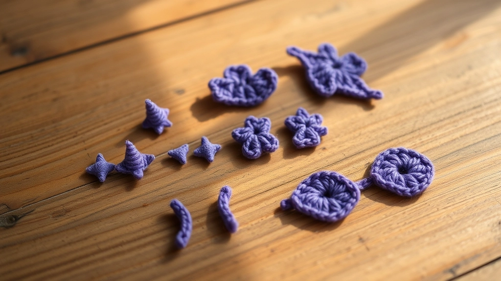 Small crocheted purple spikes and flat eyelids ready to be assembled.