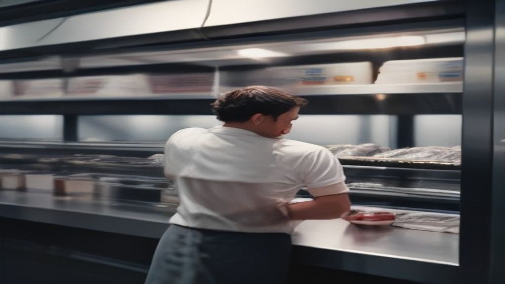 Restaurant manager checking shelf capacity and airflow inside a merchandiser freezer