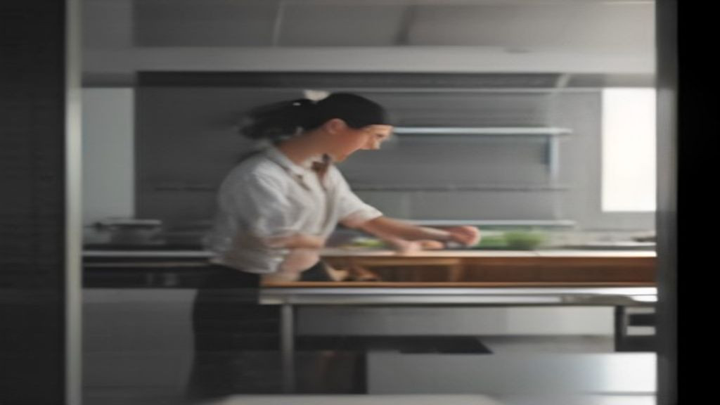 Kitchen manager checking pan layout and door storage inside a pizza prep table