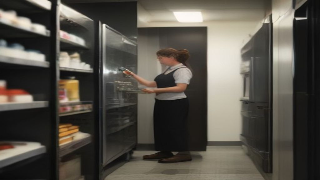 Kitchen manager checking shelf capacity and door clearance on a commercial merchandiser refrigerator